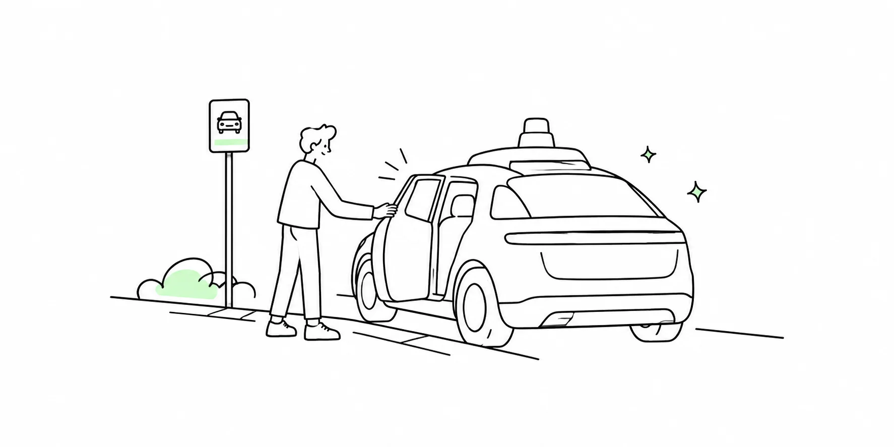 Line drawing of a worker helping a stopped driverless car